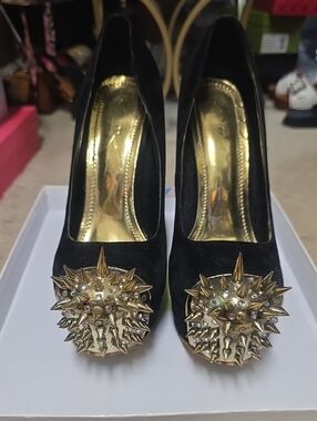 Alba Black Suede Pumps with Gold Spike Medallions